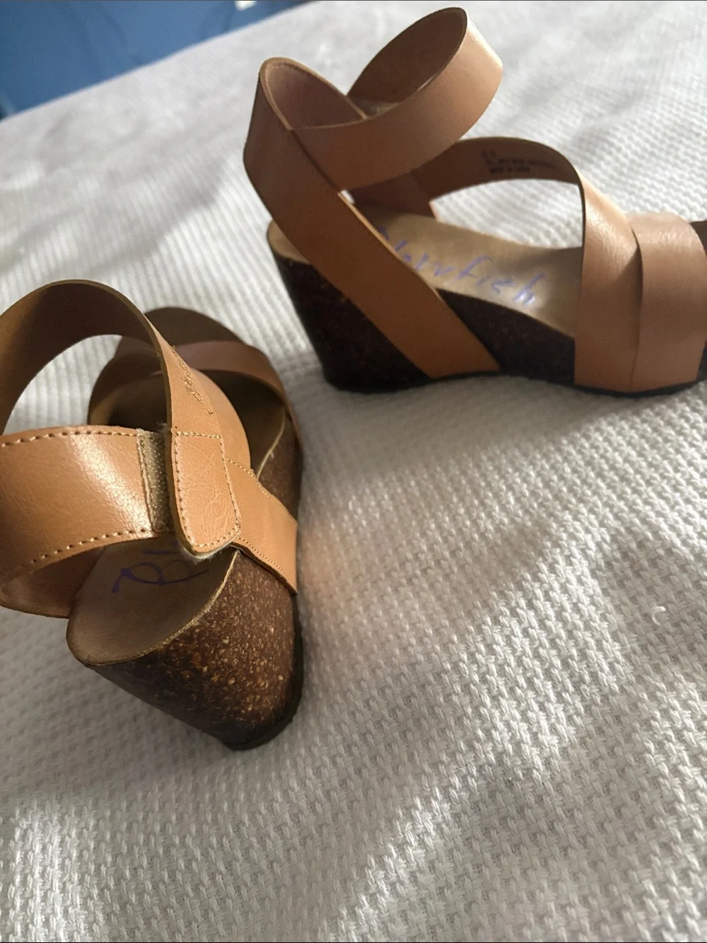 Blowfish Tan Leather Cork Wedge Sandals
